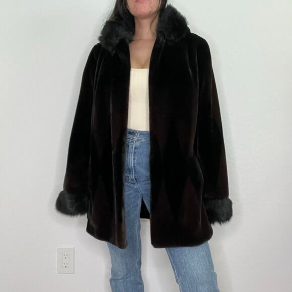 Nuage Dark Brown Black Faux Fur Hooded Coat w/ Trim Diamond Pattern Y2K - Picture 7 of 16